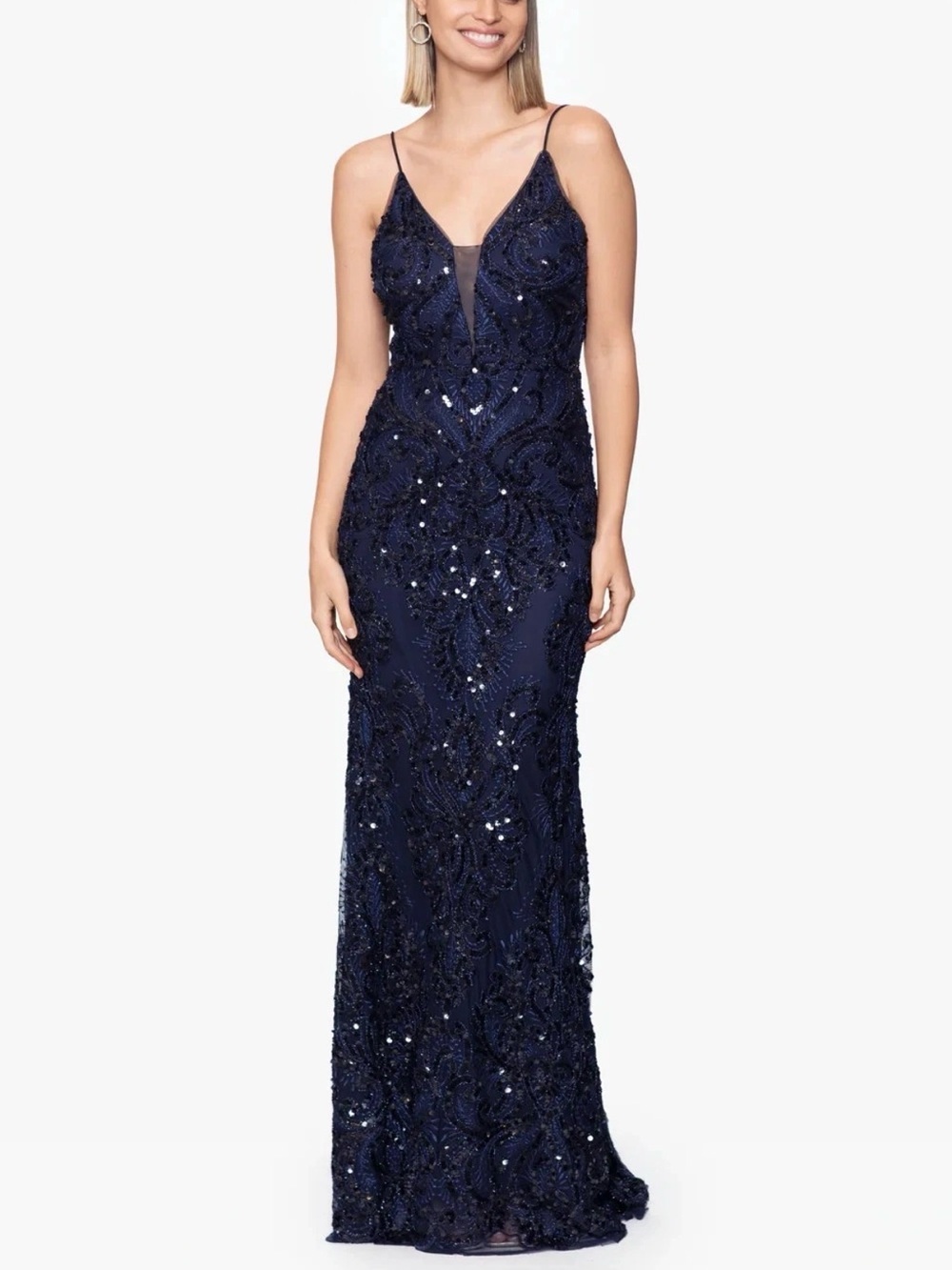 BETSEY & ADAM Women’s Navy Blue Sequin Embroidered Illusion Dress Size 10 NEW